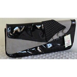 Irregular Choice Purse Clutch NWT Patent Black Pink Polka Dots Striped Buttons